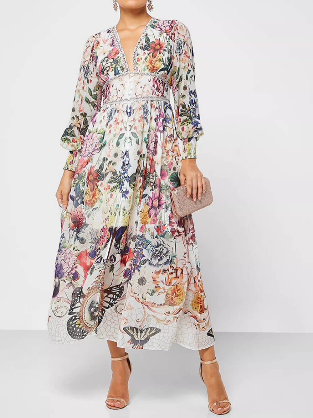 Callistari Botonical Floral Printed V-Neck Chiffon Maxi Dress-CALLISTARI
