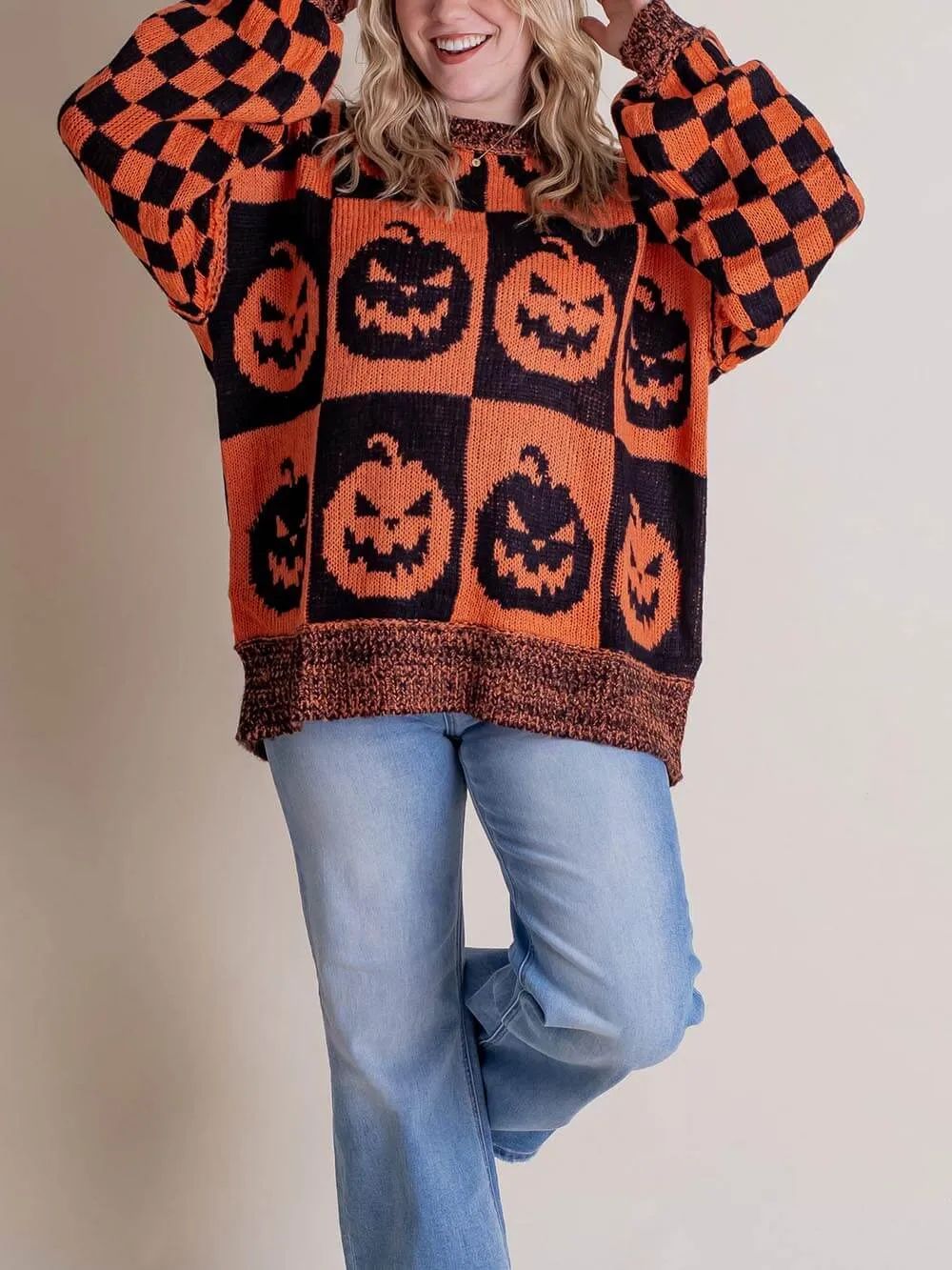 Halloween Jack-O-Lantern Plaid Sweater-CALLISTARI