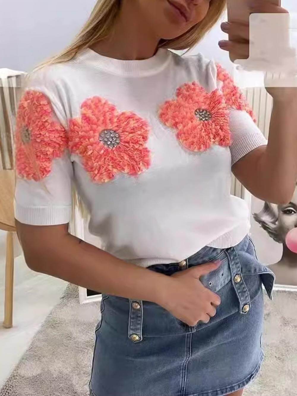 Sweet Contrast Color Flower Round Neck Short Sleeve Sweater-CALLISTARI