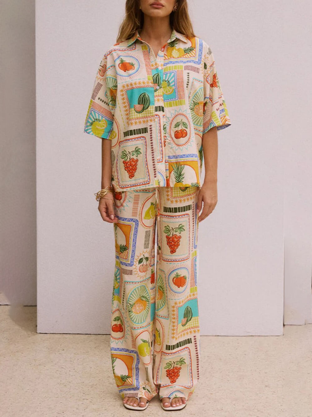 Casual Fashion Unique Print Loose Short- Shirt Straight Pants Set-Mesadic