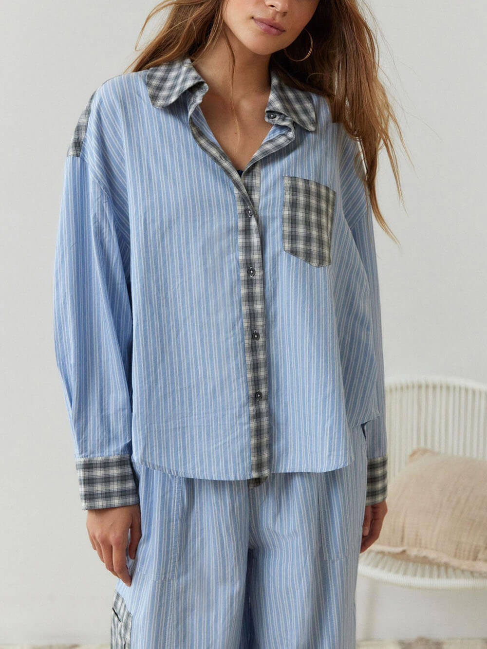 Sky Blue Loose Splice Pajama Set-Mesadic