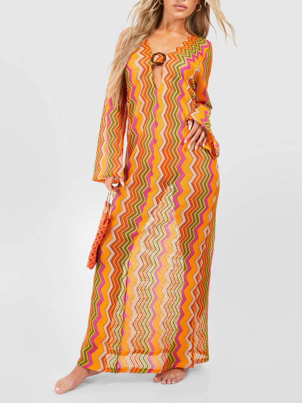 Soda Orange Stripe Print O-Ring Long Sleeve Beach Maxi Dress-CALLISTARI
