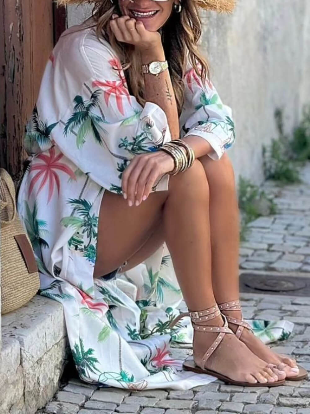 Vacation Style Botanical Print Tie-Waist Long Cover-Up Dress-CALLISTARI