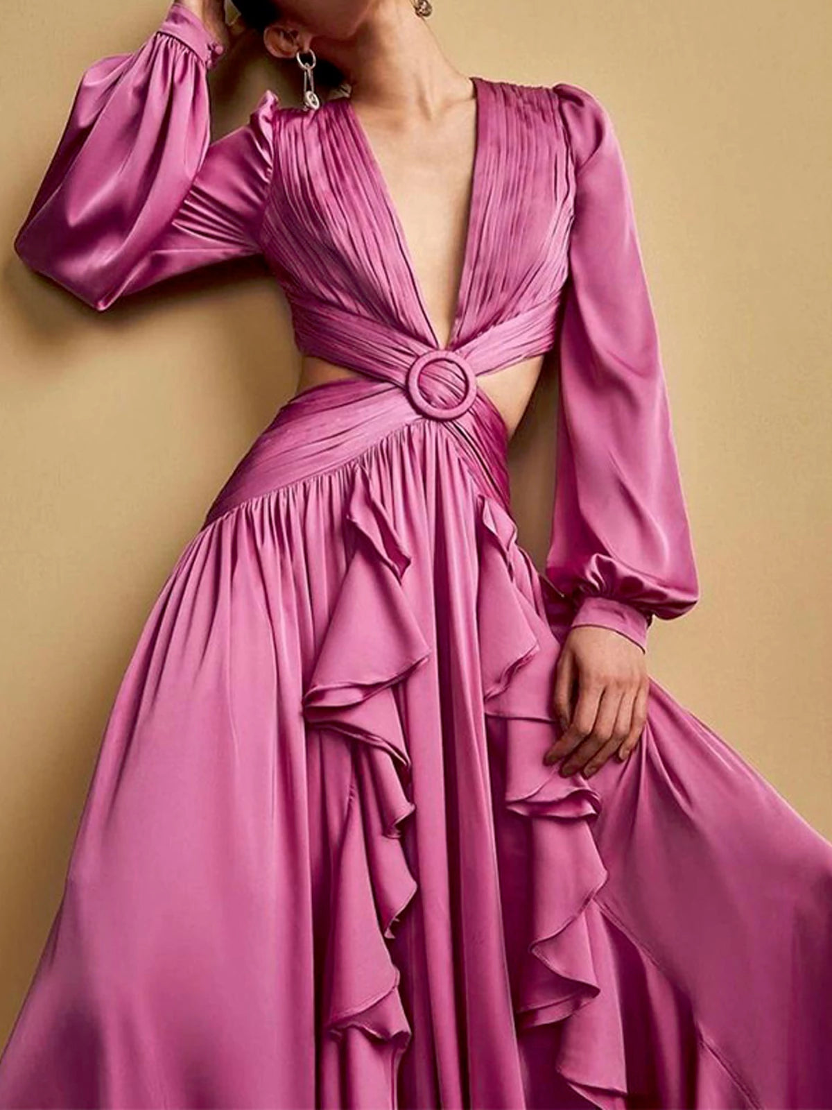 V-Neck Waist Cutout Ruffle Maxi Dress-CALLISTARI