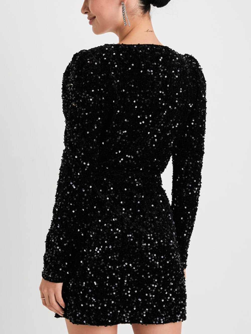 Black Sequin Velvet Long Sleeve Wrap Mini Dress-CALLISTARI