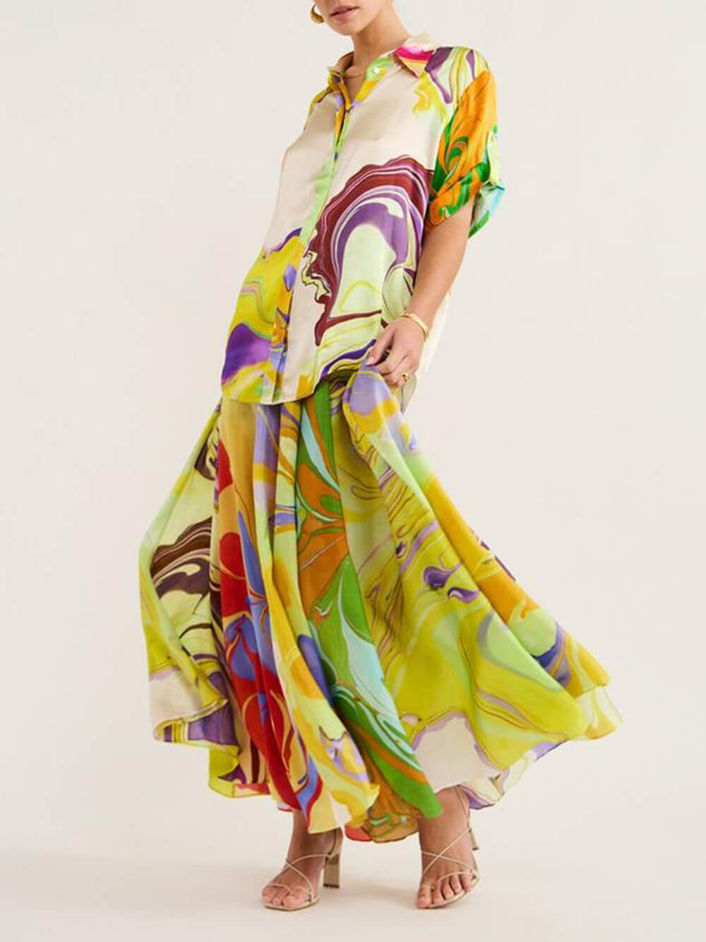 Callistari Modern Printed Satin Blouse and Skirt Set-CALLISTARI