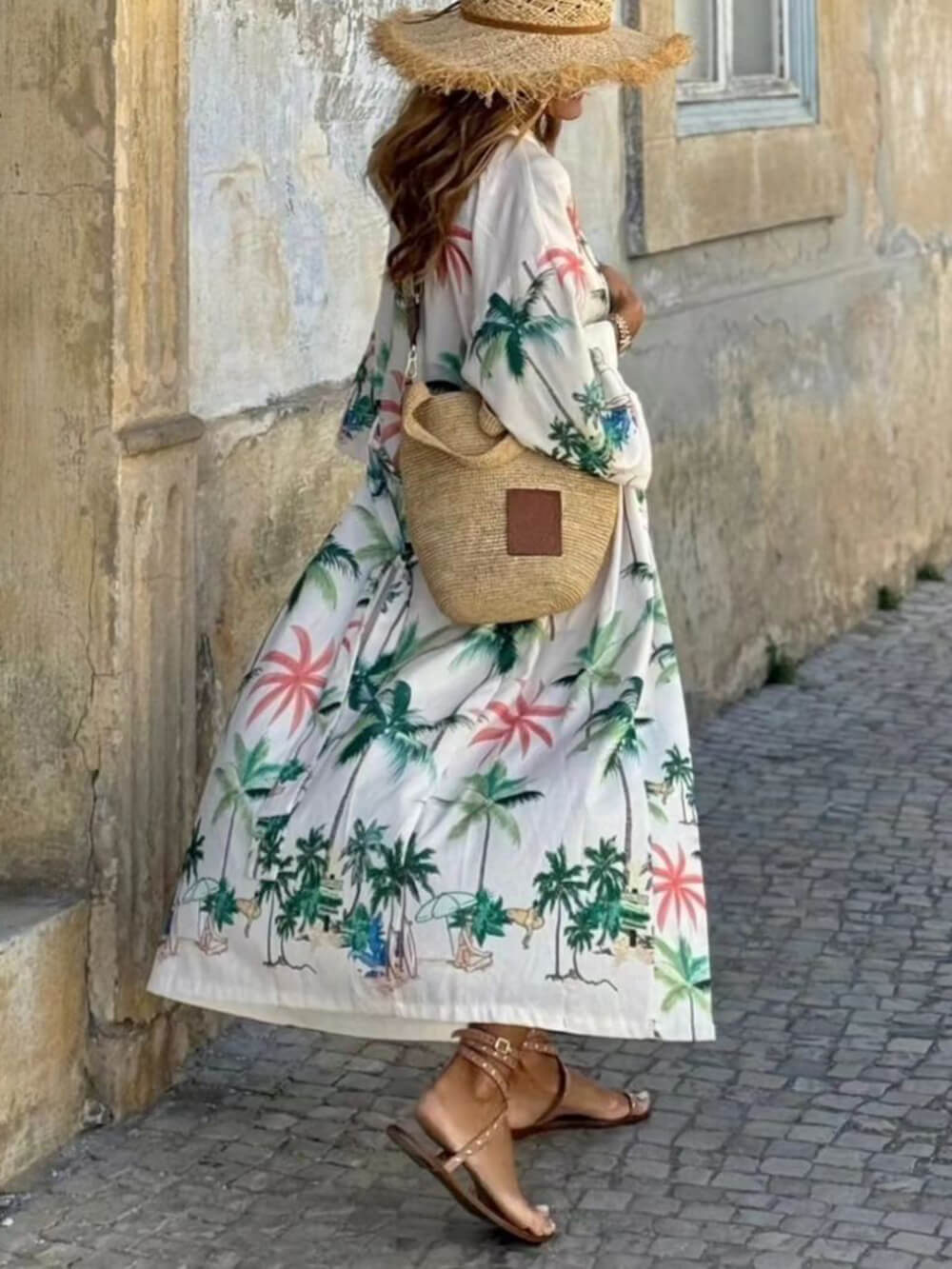 Vacation Style Botanical Print Tie-Waist Long Cover-Up Dress-CALLISTARI