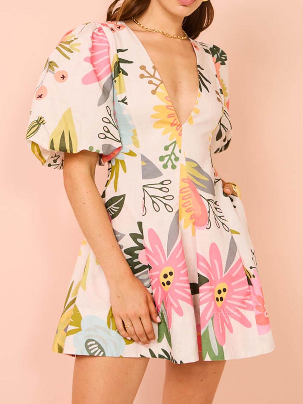 Floral Print Puff Sleeve Pocketed Mini Dress-CALLISTARI