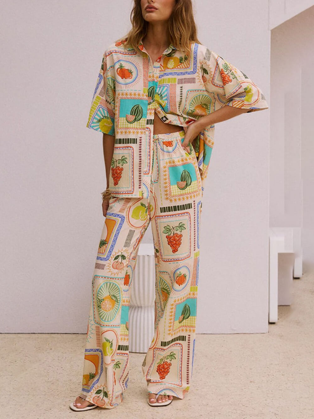Casual Fashion Unique Print Loose Short- Shirt Straight Pants Set-Mesadic