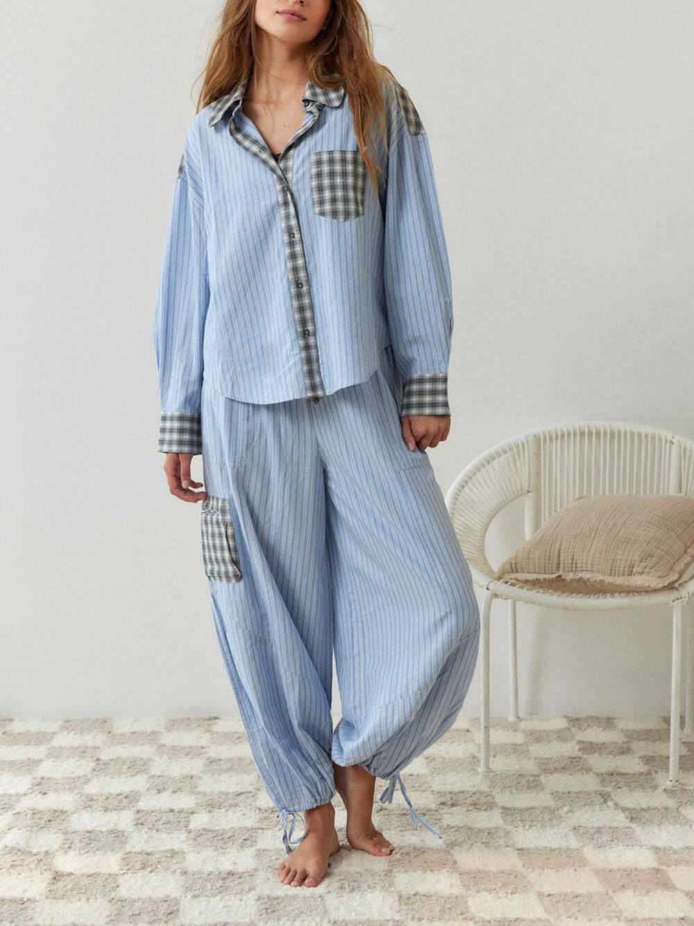 Sky Blue Loose Splice Pajama Set-Mesadic
