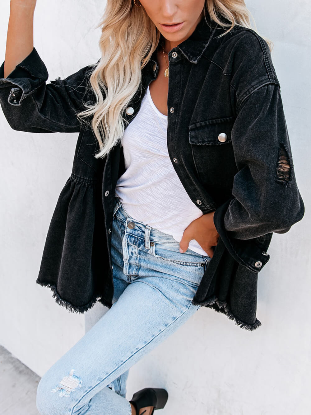 Distressed Denim Button Down Shirt Jacket-CALLISTARI