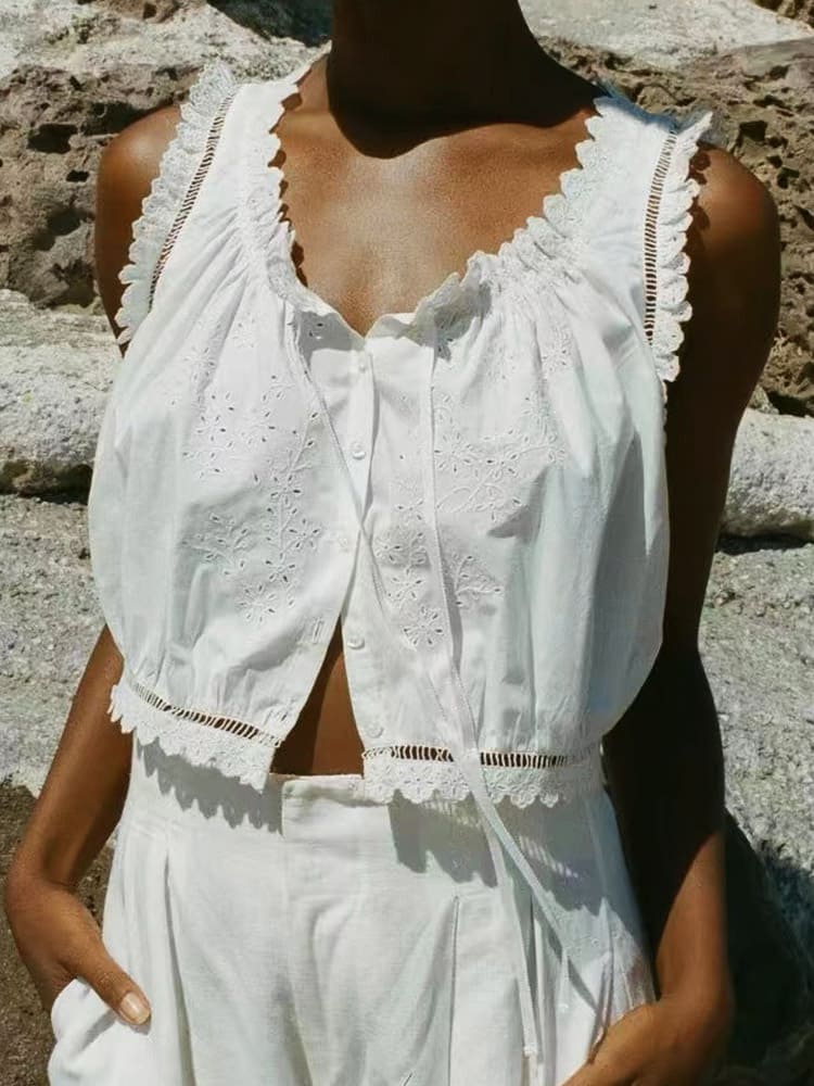 Embroidered Floral Lace Tie Tank Top-CALLISTARI