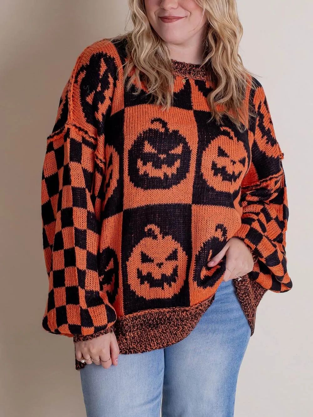 Halloween Jack-O-Lantern Plaid Sweater-CALLISTARI