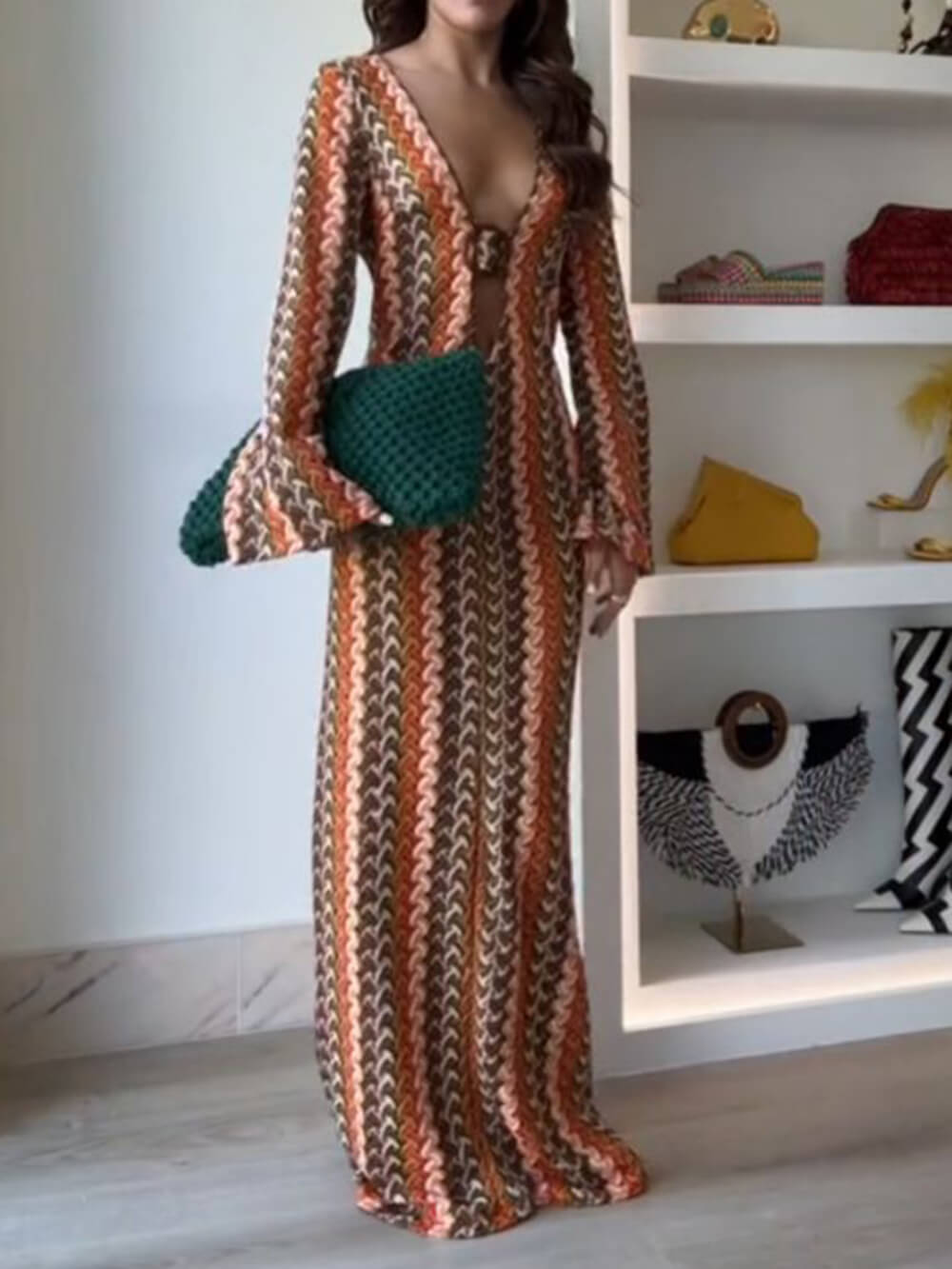 Soda Orange Stripe Print O-Ring Long Sleeve Beach Maxi Dress-CALLISTARI