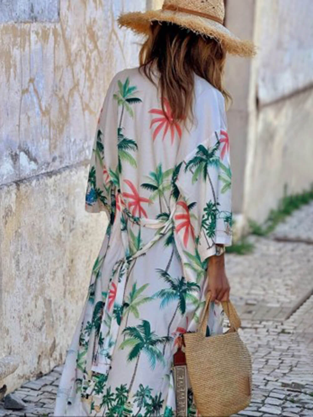 Vacation Style Botanical Print Tie-Waist Long Cover-Up Dress-CALLISTARI