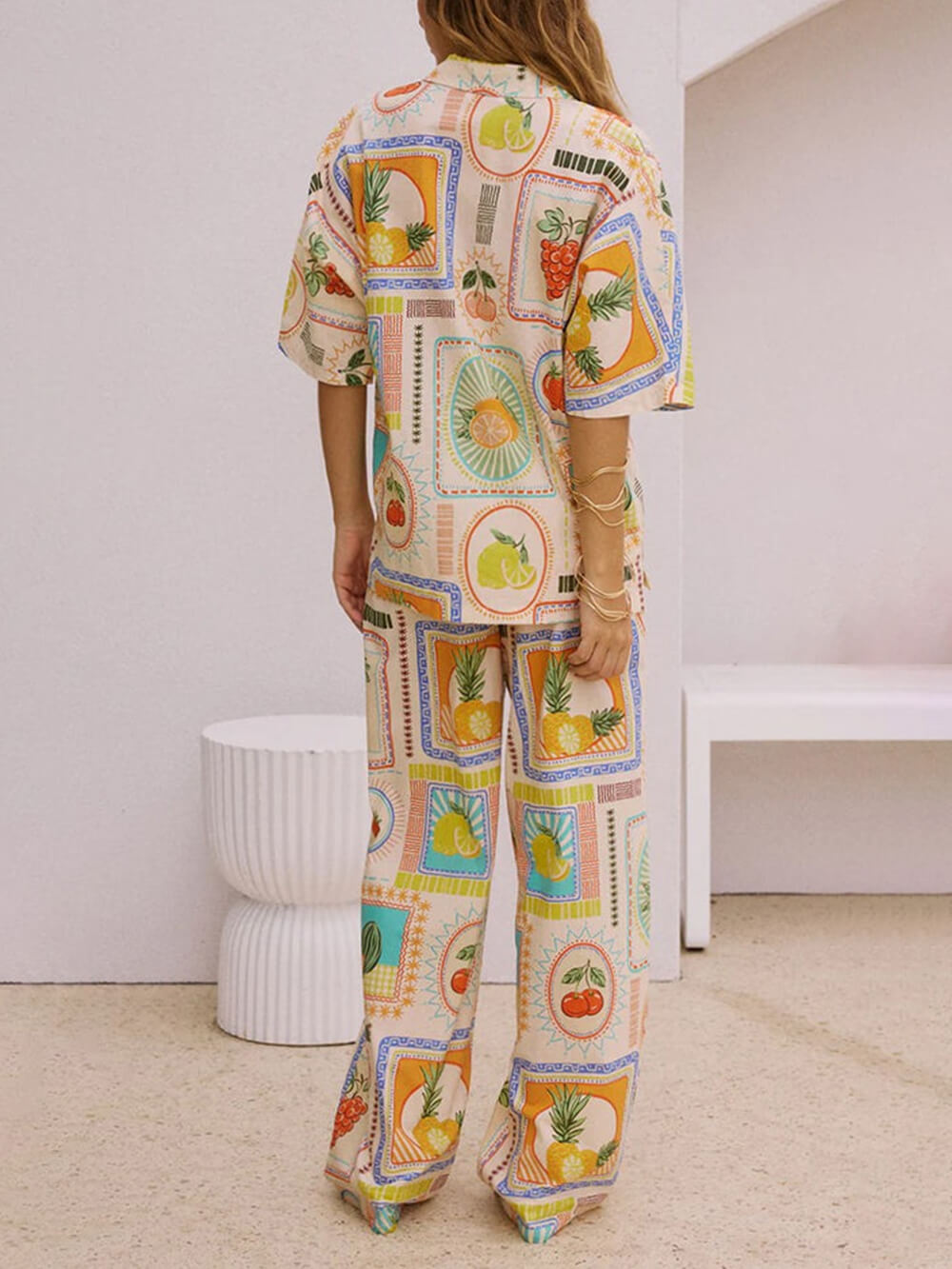 Casual Fashion Unique Print Loose Short- Shirt Straight Pants Set-Mesadic