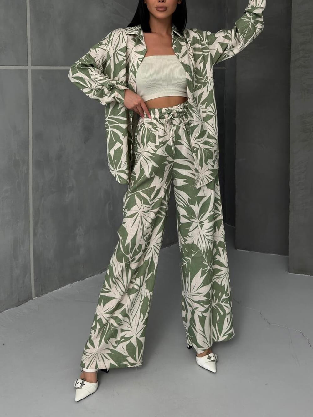 Callistari Palm Leaf Printed Elastic Waist Wide Leg Pants-CALLISTARI