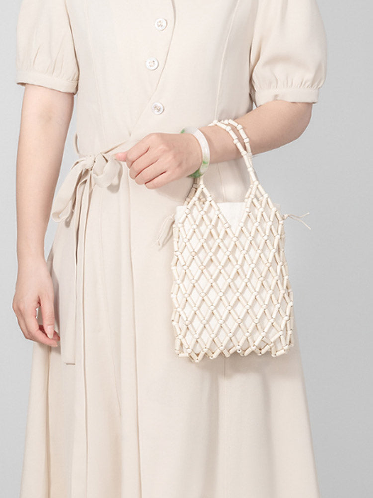 Hollow-Out Wooden Bead Woven Tote Bag-CALLISTARI