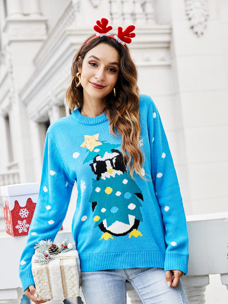 Round Neck Casual Penguin Embroidery Knit Sweater-CALLISTARI