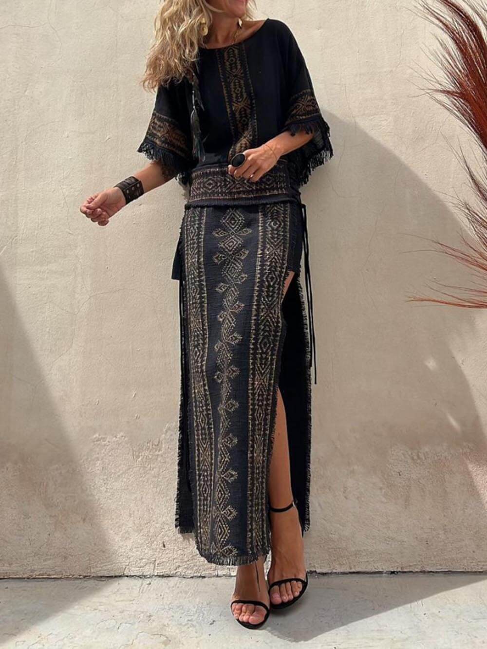 Ethnic Print Patchwork Side Lace-Up Maxi Skirt-Set-CALLISTARI