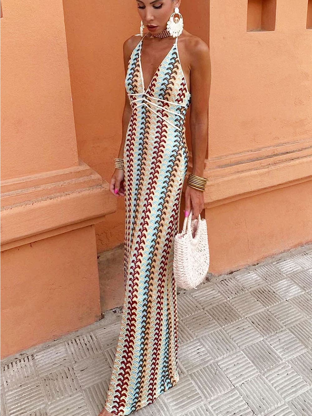 Halter V Neck Backless Boho Pattern Knit Slim-Fit Vacation Maxi Dresses-Beige-CALLISTARI