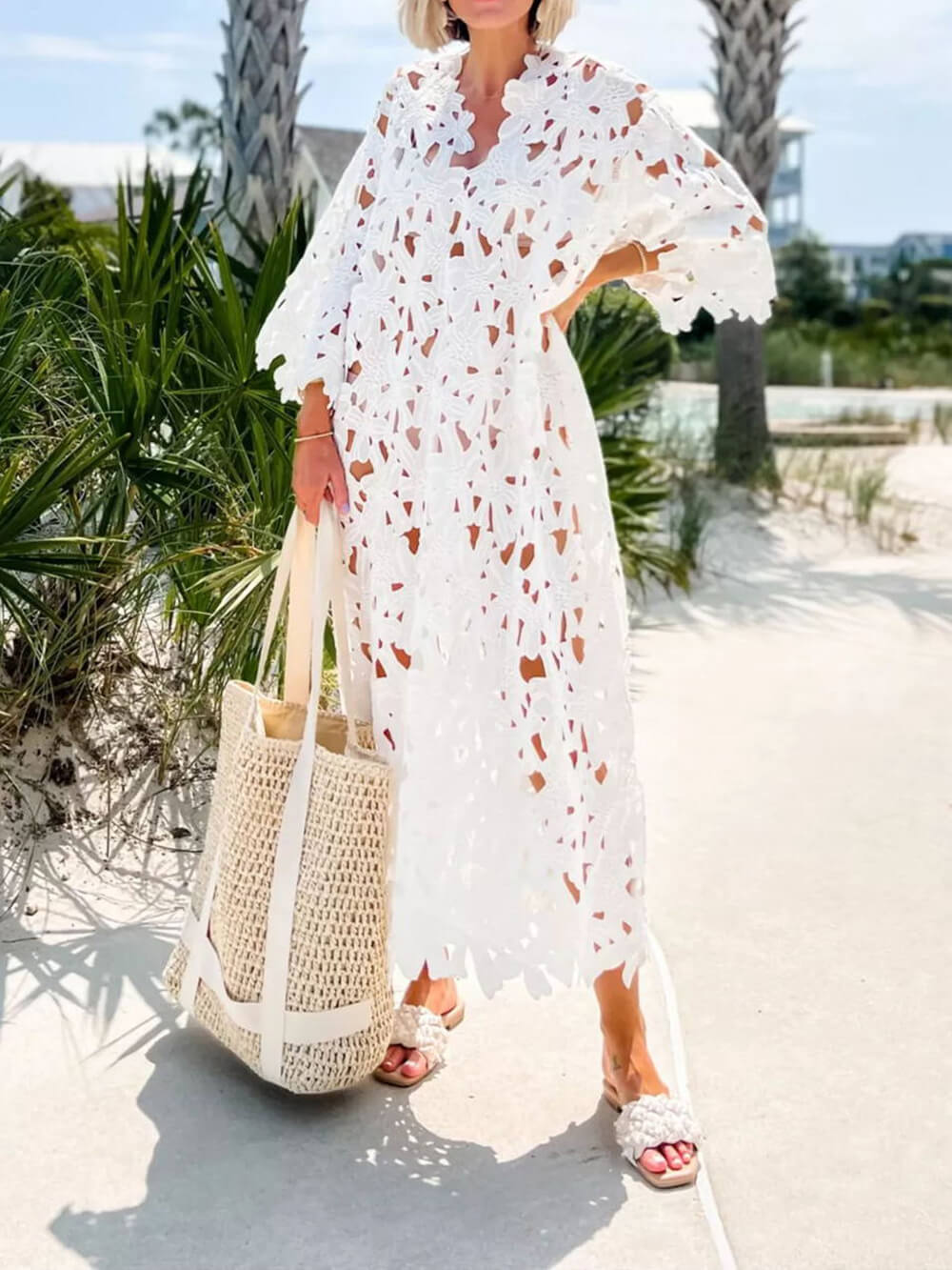 Floral Eyelet Lace Cover Up Beach Midi Dress-CALLISTARI