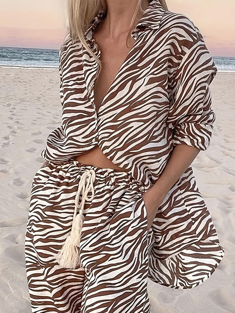 Callistari Button Open Collar Loose Zebra Print Shirt-CALLISTARI