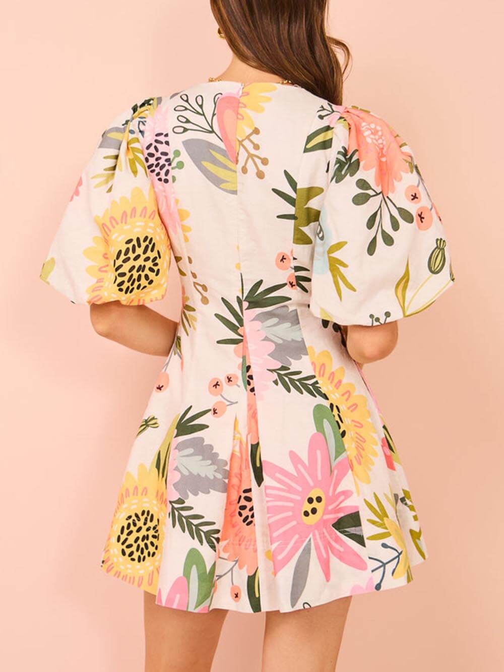 Floral Print Puff Sleeve Pocketed Mini Dress-CALLISTARI