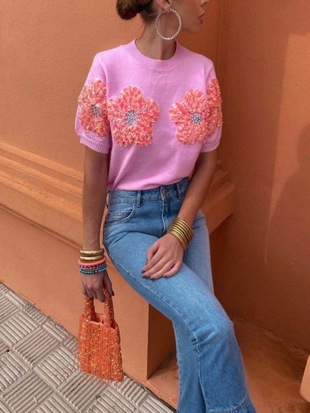 Sweet Contrast Color Flower Round Neck Short Sleeve Sweater-CALLISTARI