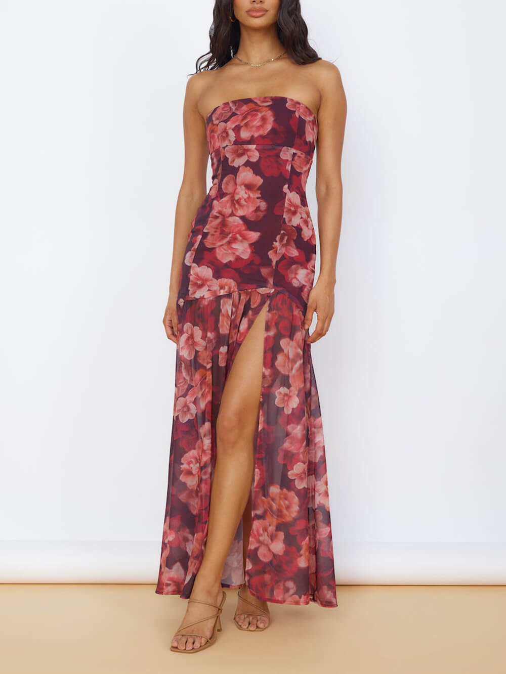 Floral Bandeau Slit Maxi Dress-CALLISTARI