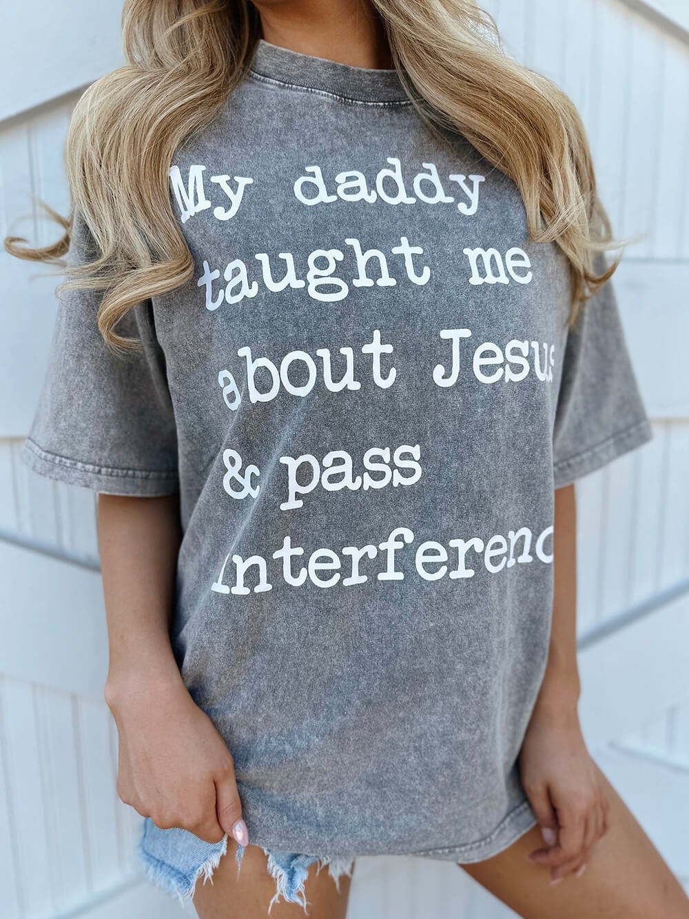 Mineral-Wash My Daddy Taught Me About Jesus & Pass Interference Gray Tee-CALLISTARI