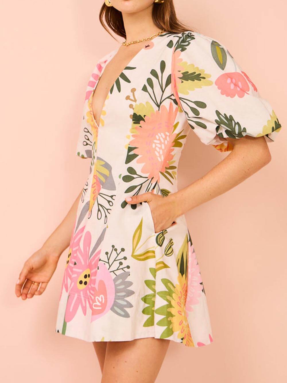 Floral Print Puff Sleeve Pocketed Mini Dress-CALLISTARI