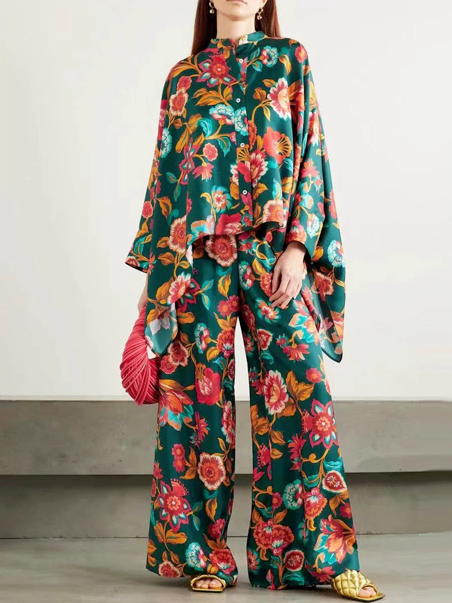 Fine Satin Floral Print Batwing Sleeve Pants Set - Olive green-Mesadic