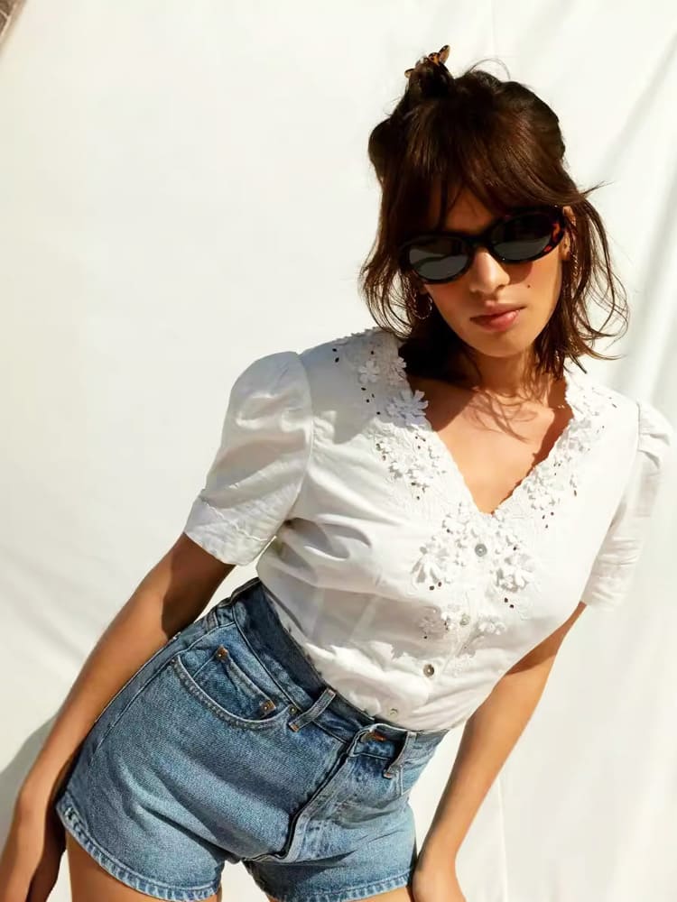 Embroidered Lace V-Neck Blouse-CALLISTARI