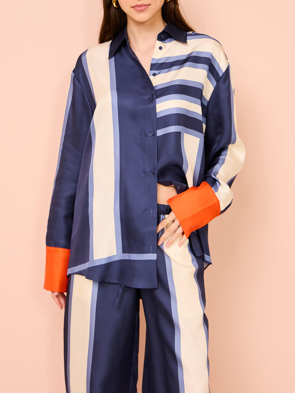 Callistari Exquisite Unique Striped Print Patchwork Kutton Oversized Blouse-CALLISTARI