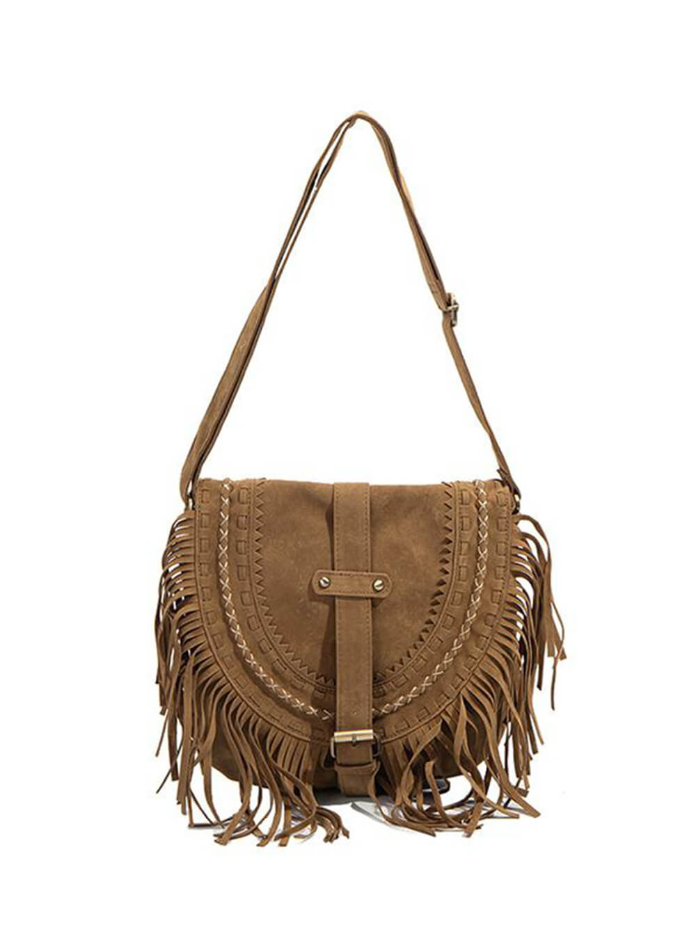 Faux Suede Fringed Buckle Decorated Bag-CALLISTARI