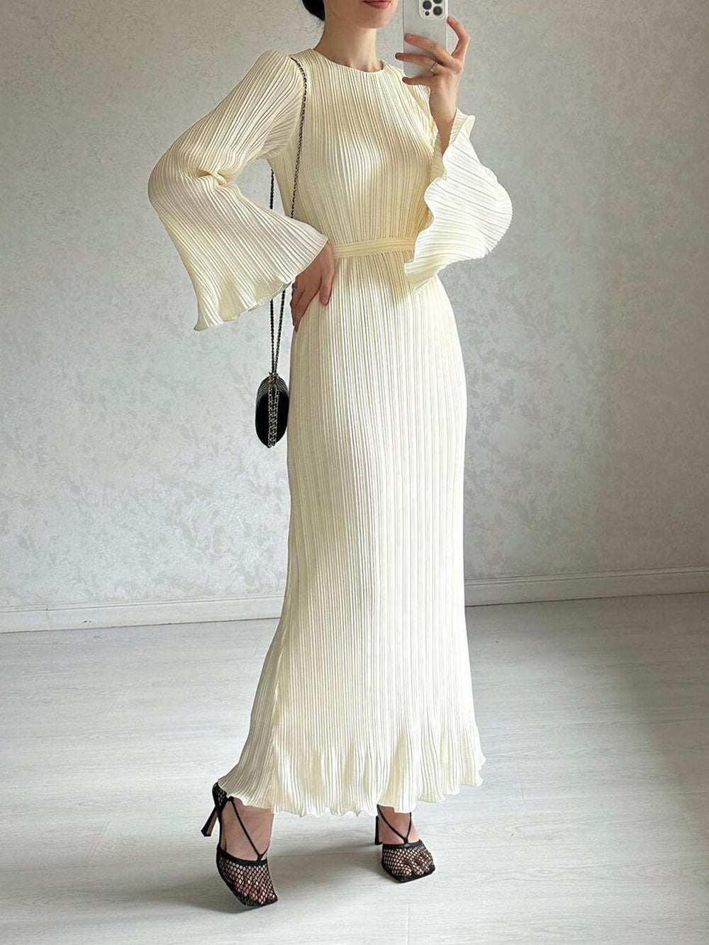 Pleated Bell Sleeve Maxi Dress-CALLISTARI