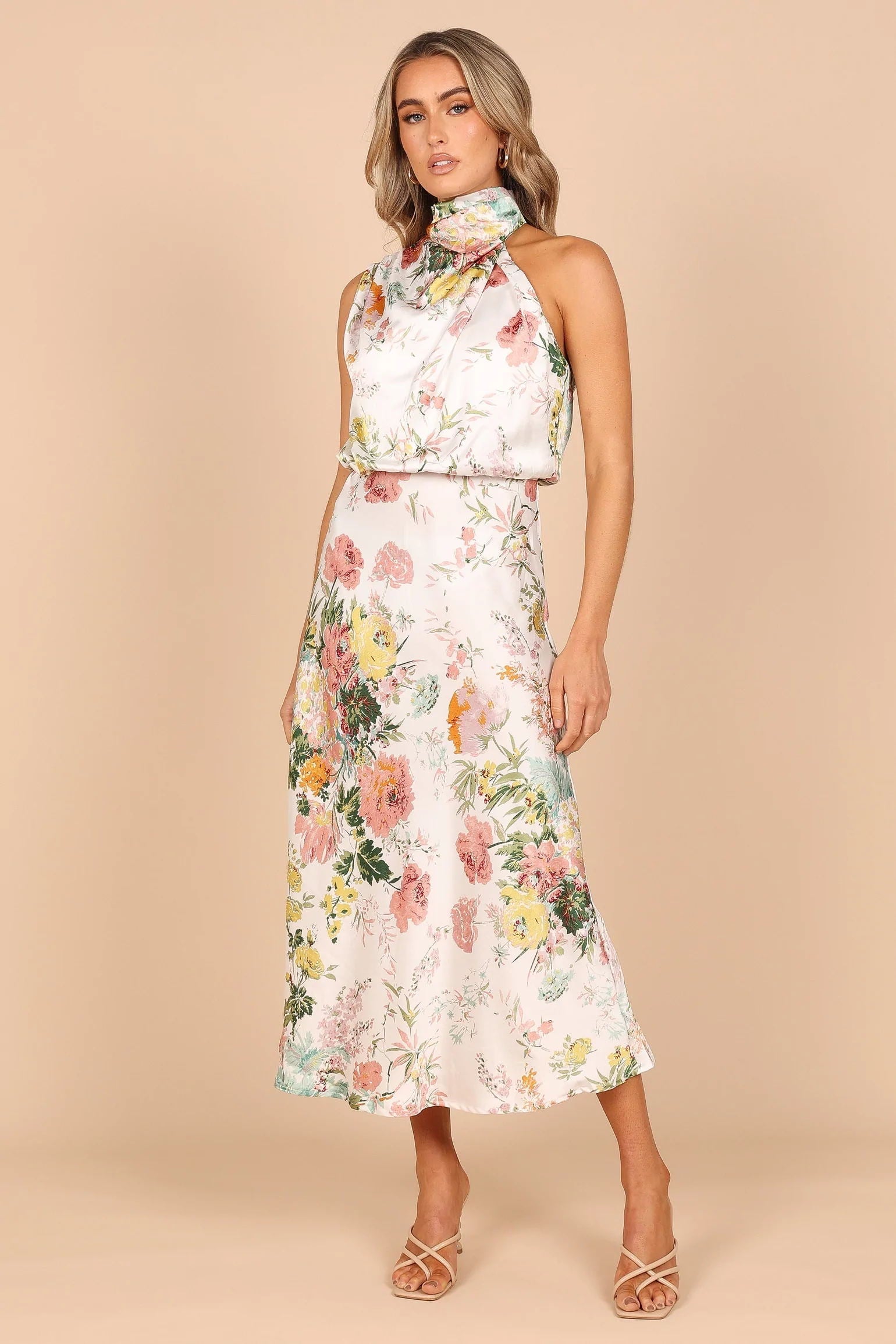 Wine Country Dates Floral Halter Neck Elastic Waist Maxi Dress-Mesadic