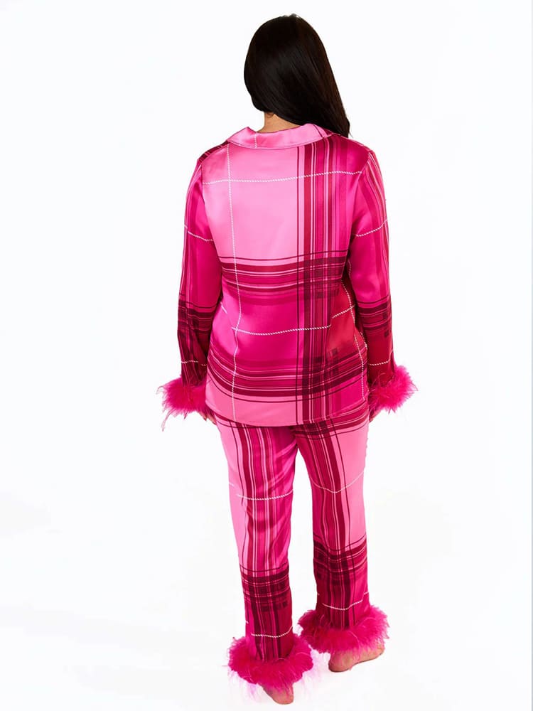 Pink Plaid Satin Pajama Set-Mesadic