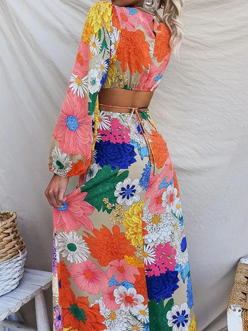 Printed Lace Backless Resort Dress-CALLISTARI