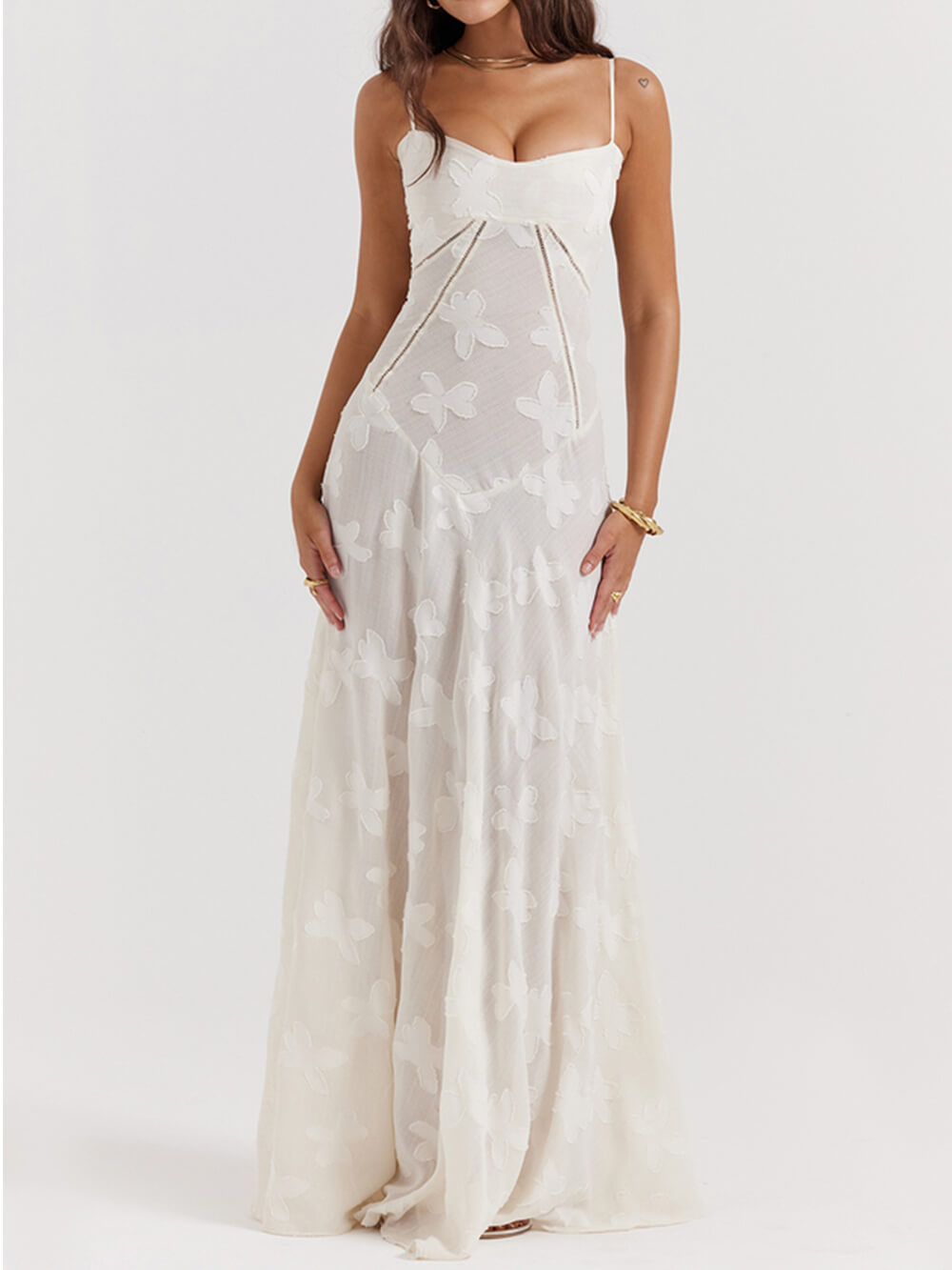 Vintage Cream Floral Lace Back Maxi Dress-CALLISTARI