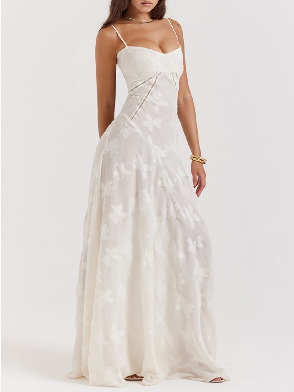 Vintage Cream Floral Lace Back Maxi Dress-CALLISTARI