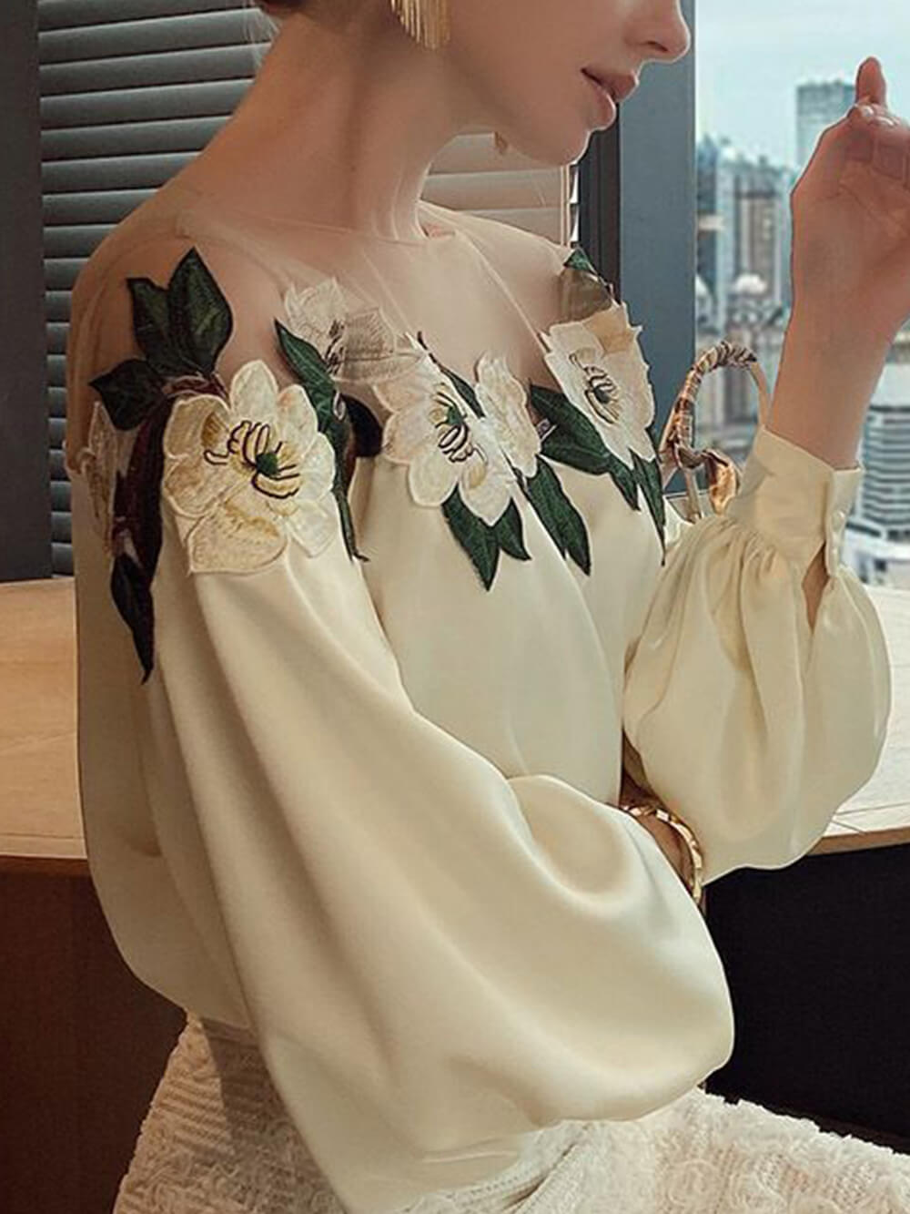 Mesh-Paneled Satin-Embroidered Long-Sleeved Shirt-CALLISTARI