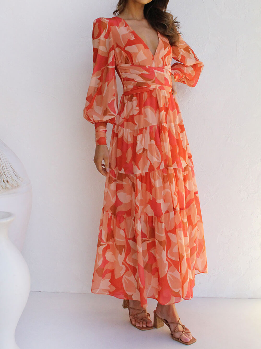 Casual Long-Sleeved V-Neck Swing Midi Dress-CALLISTARI
