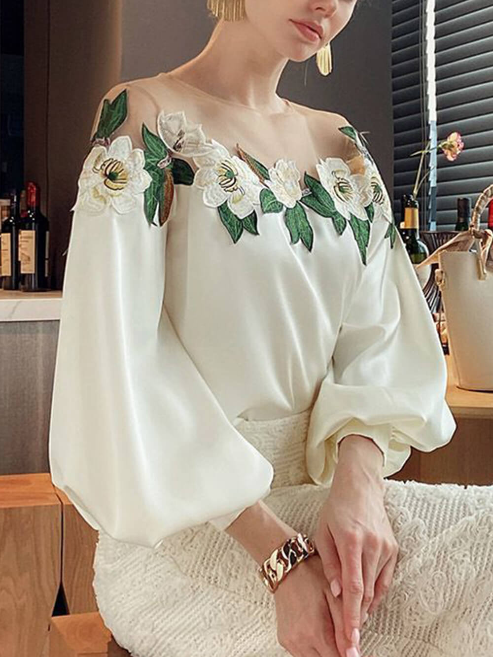 Mesh-Paneled Satin-Embroidered Long-Sleeved Shirt-CALLISTARI