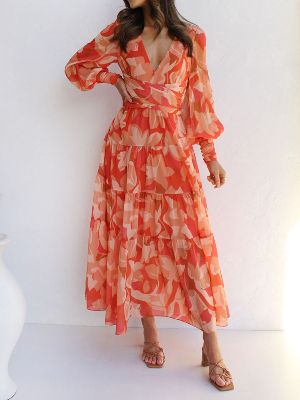 Casual Long-Sleeved V-Neck Swing Midi Dress-CALLISTARI