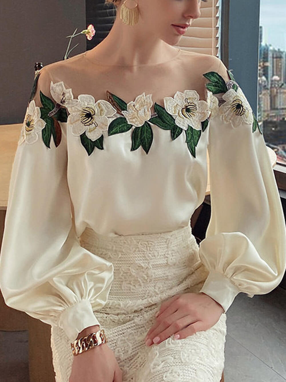 Mesh-Paneled Satin-Embroidered Long-Sleeved Shirt-CALLISTARI