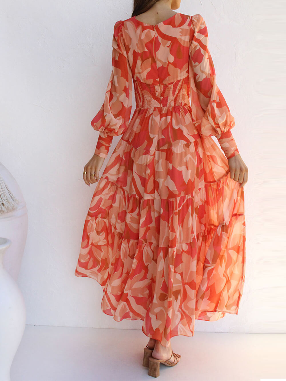 Casual Long-Sleeved V-Neck Swing Midi Dress-CALLISTARI