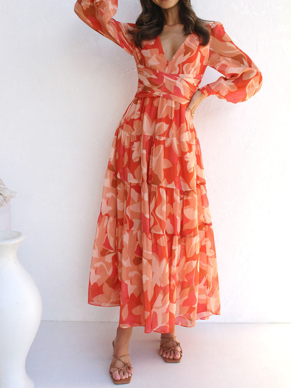 Casual Long-Sleeved V-Neck Swing Midi Dress-CALLISTARI