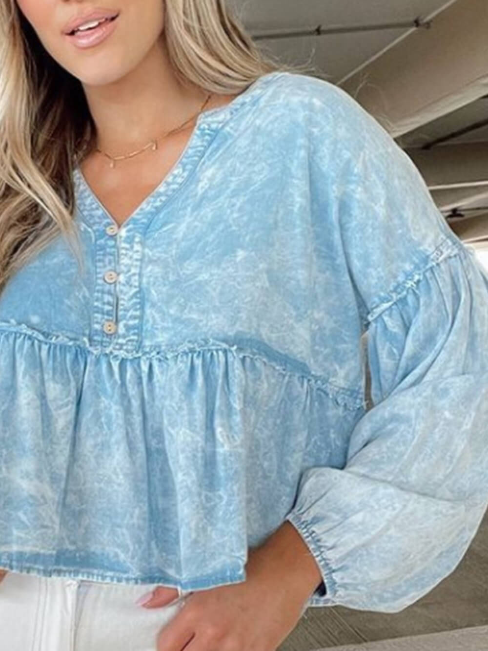 Washed Denim Peplum Baby Doll Top-CALLISTARI